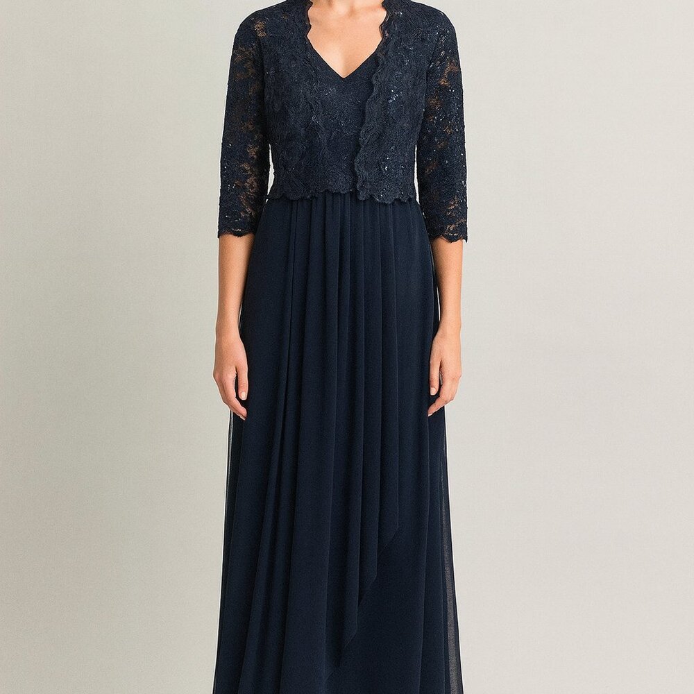 R&M Richards Navy Lace Chiffon Gown Jacket Formal Evening Dress Blue 16